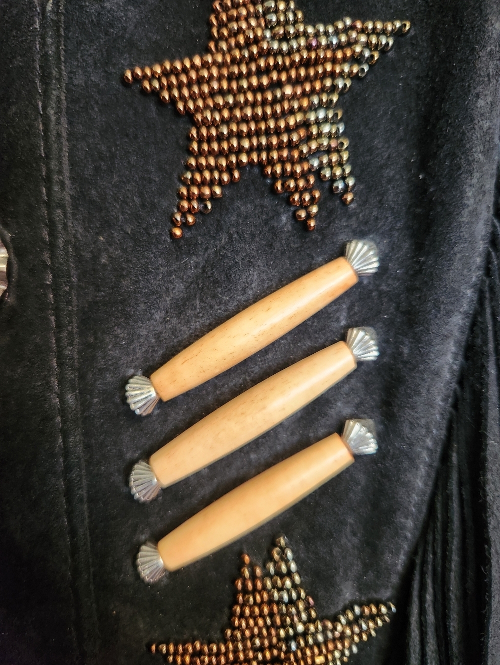 VINTAGE CRIPPLE CREEK BLACK SUEDE LEATHER WESTERN FRINGE BONE BEAD JACKET MEDIUM - Picture 4 of 14